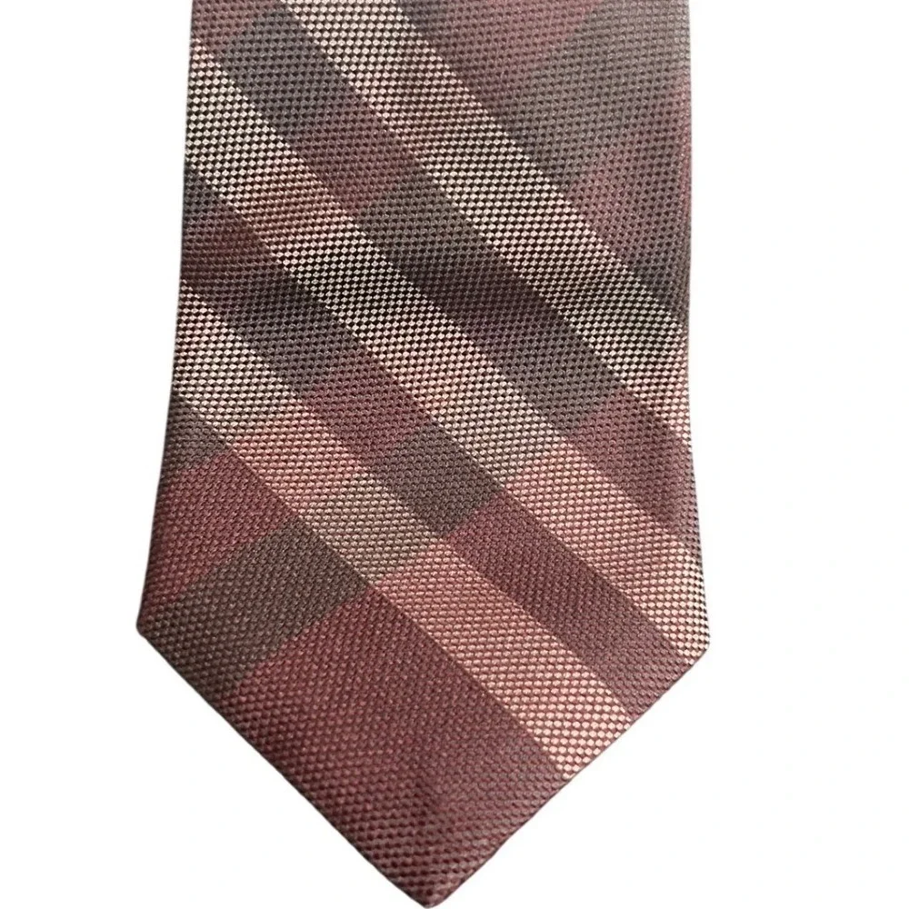 Burberry London Silk Tie Mens OS Burgundy Check Hand Made England Excellent